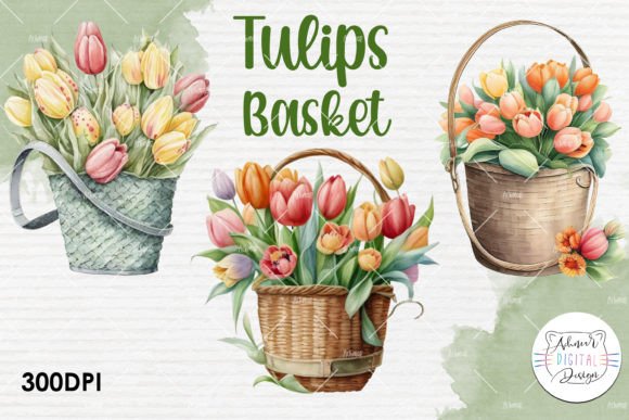 Tulips Basket Watercolor Clipart Guide